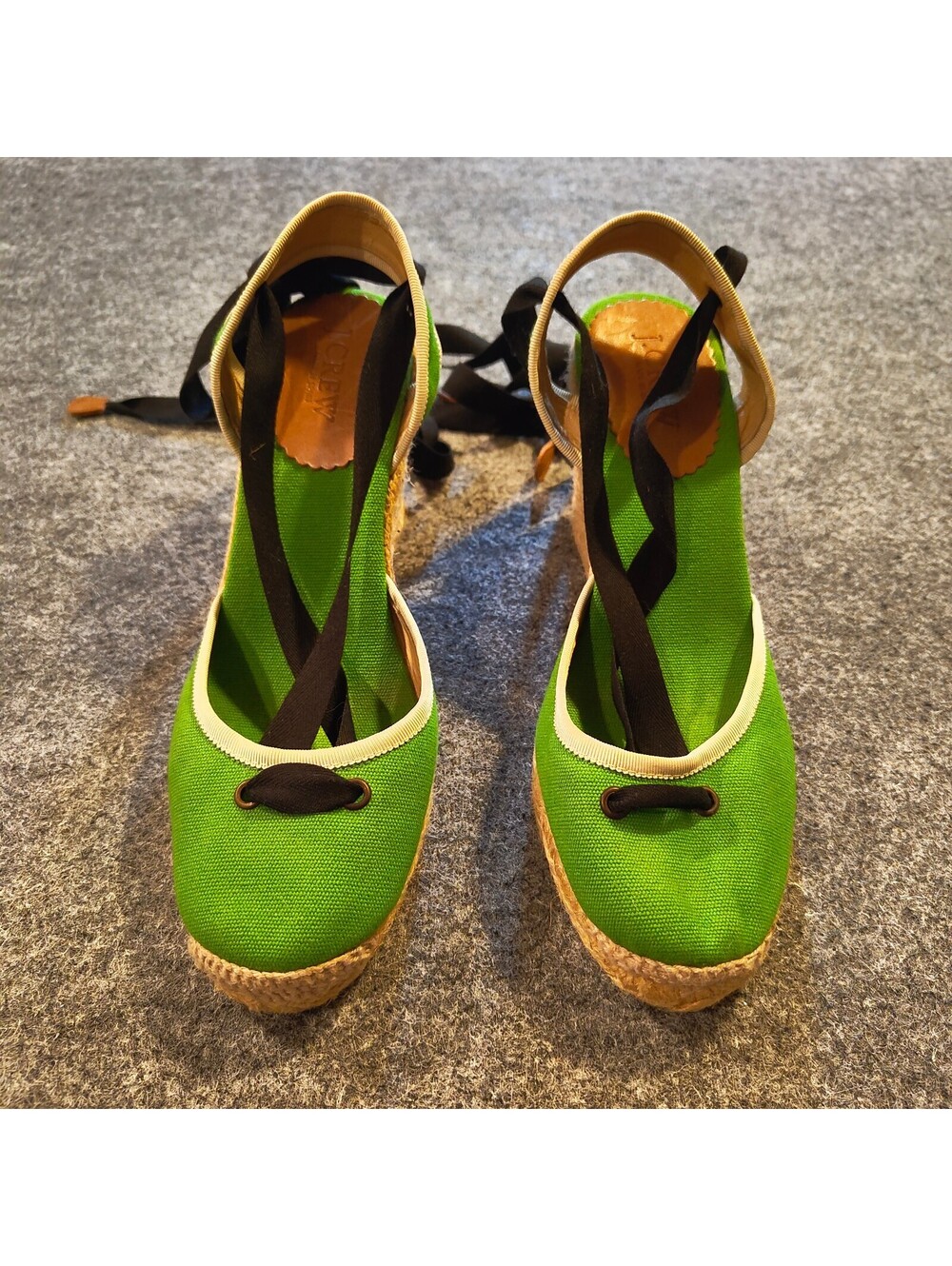 J.Crew Green Canvas Ribbon Tie Ankle Wedge Espadrilles Made in Spain Size 7